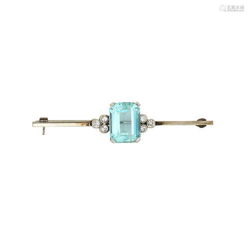 An aquamarine and diamond bar brooch