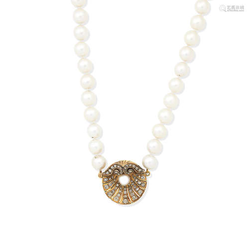 A cultured pearl necklace with diamond clasp,