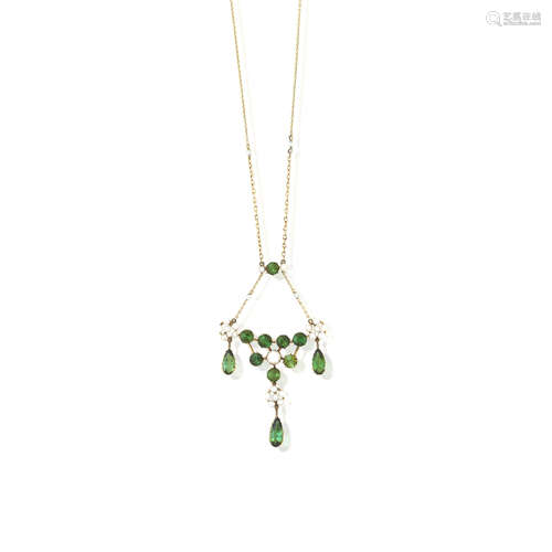 A green tourmaline and seed pearl necklace, Edwardian