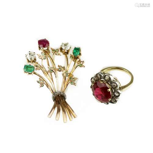 A gem-set brooch and a synthetic ruby and diamond cocktail ring