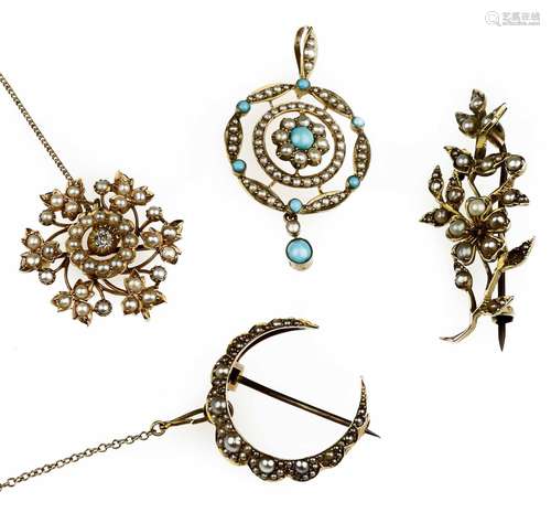 Three assorted gem-set brooches and a similar pendant, Edwardian