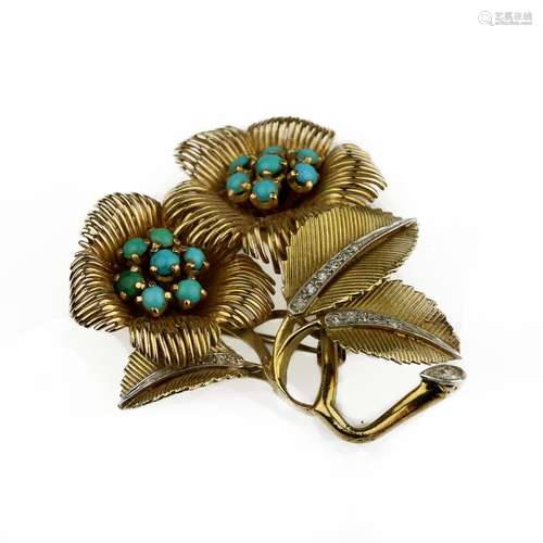 A turquoise and diamond brooch