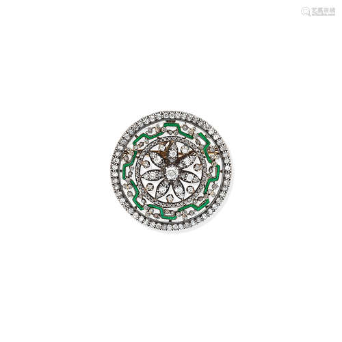 A diamond and green enamelled brooch, early 20th century