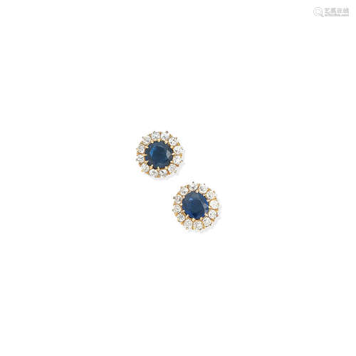 A pair of sapphire and diamond cluster ear studs, Edwardian