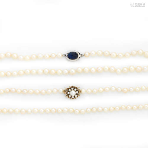 Two cultured pearl necklaces, modern