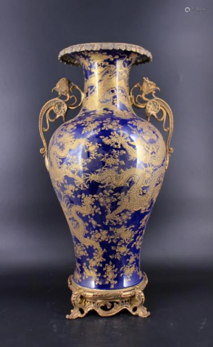 Qing Porcelain Blue Gold Dragon Vase with Br…