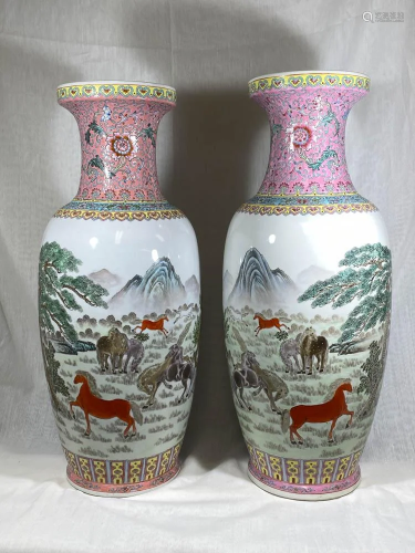 Pair Chinese Famille Rose Blauster Porcelain Vas…