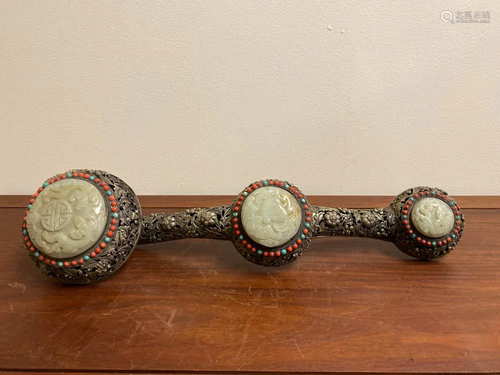 Chinese Mopngolia Silver Ruyi with Inlays