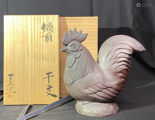 Japanese Bizen Pottery Rooster in Fitted Box