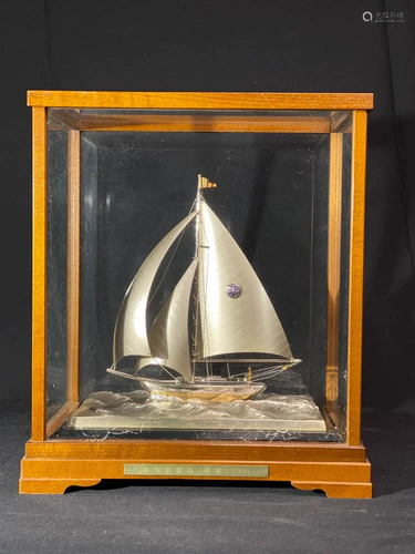 Japanese Silver Boat in Wood and Glass Case