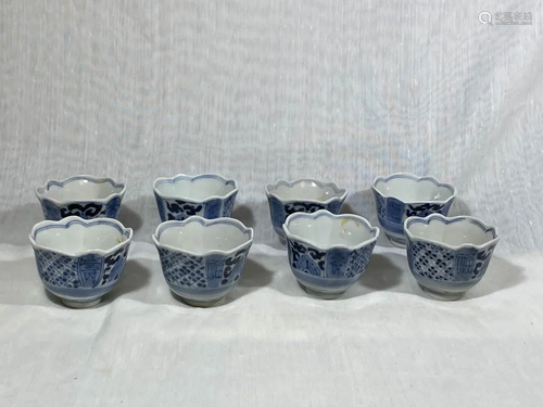 Japanese Blue White Sake Cups - Set of Eight