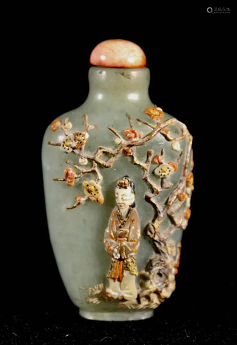 Chinese Jade Snuff Bottle with Applied Figurine