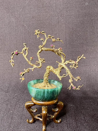 Chinese 14K Gold Tree with Jade Planter