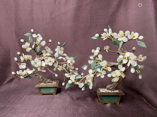 Pair Chinese Jade Tree with White Jade Pedals