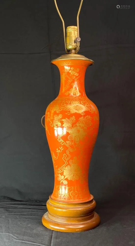 Chinese Coral Red Porcelain Vase Lamp