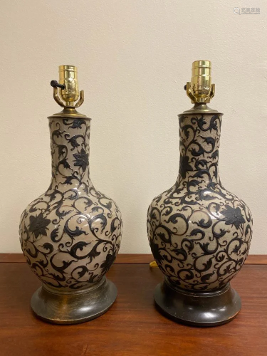 Pair Chinese Crackle Glazed Porcelain Vase Lamp