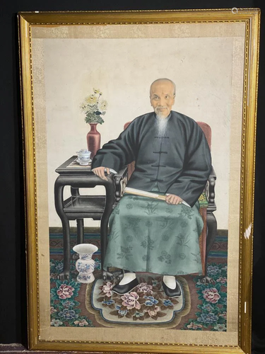 Chinese Water Color of an Elder sitting on Chair