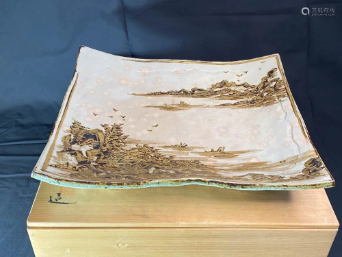 Japanese Ceramic Tray with Gold Landscape