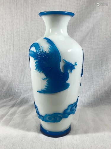 Chinese Blue Overlay Peking Glass Vase with O…