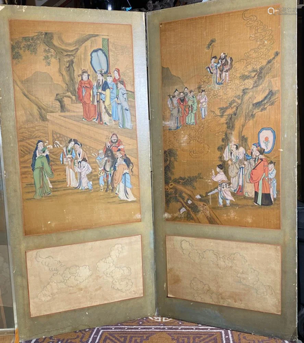 Chinese Painting on Silk - Two Fold Floor Screen