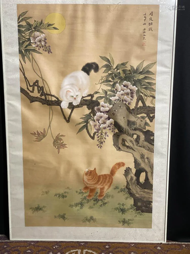 Chinese Painting of Cat Playing Scene