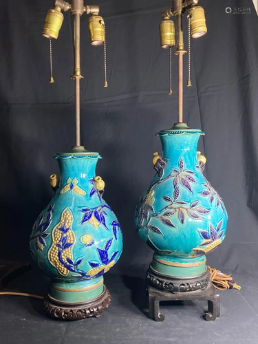 Pair Chinese Turquois Porcelain Vase Lamp