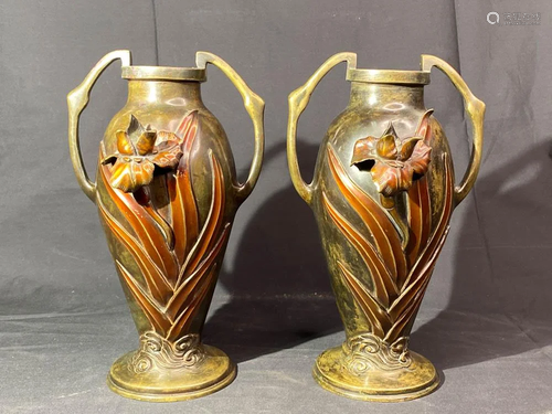 Pair Japanese Bronze Vases with Iris