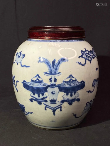 Chinese Blue White Porcelain Jar with Wood …