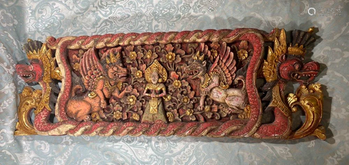 Burmese Carved Wood Panel with Polychro…