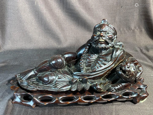 Chinese Carved Wood Damo with shishi