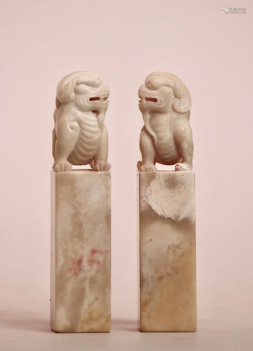 Pair Chinese Soapstone Seals with Fool…