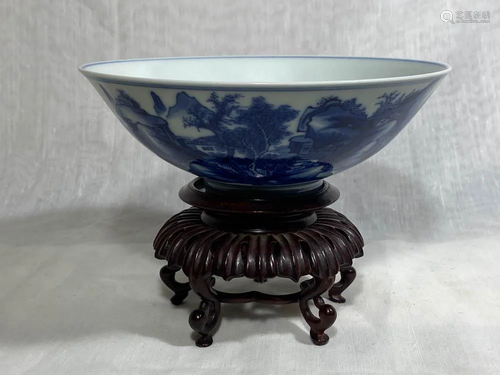 Chinese Blue White Porcelain Bowl on Stand - …