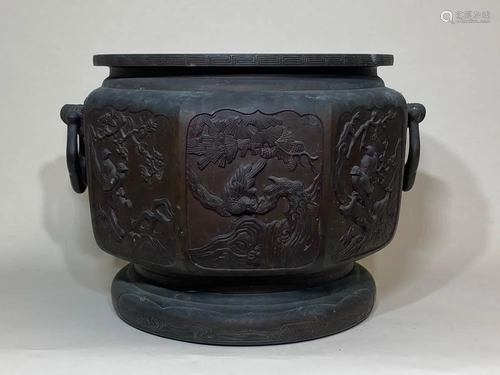 Japanese Bronze Hibachi with Silver Inlay