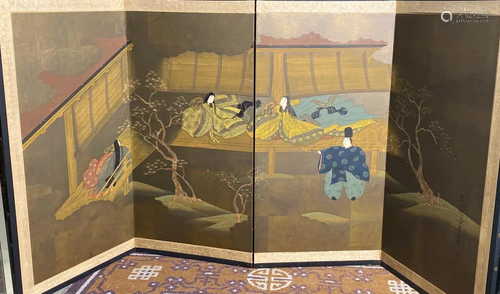 Japanese Four Panel Folding Screen - Figural