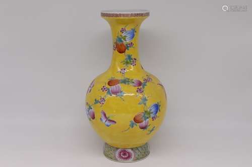 A Chinese Yellow Ground Famille-Rose Porcelain Vase