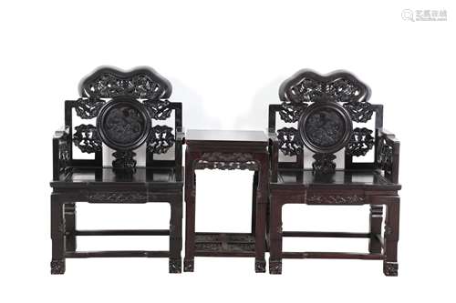 A Pair of Chinese Carved Hardwood Chairs and A Table