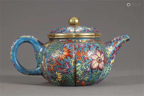 A Chinese Enamel Glazed Carved Yixing Clay Teapot