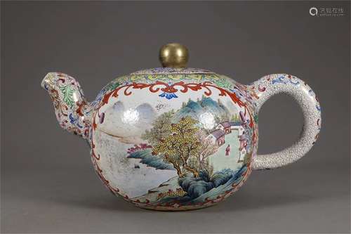 A Chinese Enamel Glazed Carved Yixing Clay Teapot