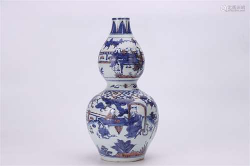 A Chinese Iron-Red Glazed Blue and White Porcelain Double Gourd Vase