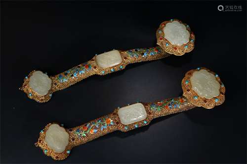 A Pair of Chinese Gilt Silver Ruyi with Jade Inlaid