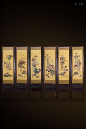 A Set of Six Chinese Embroidered Screens