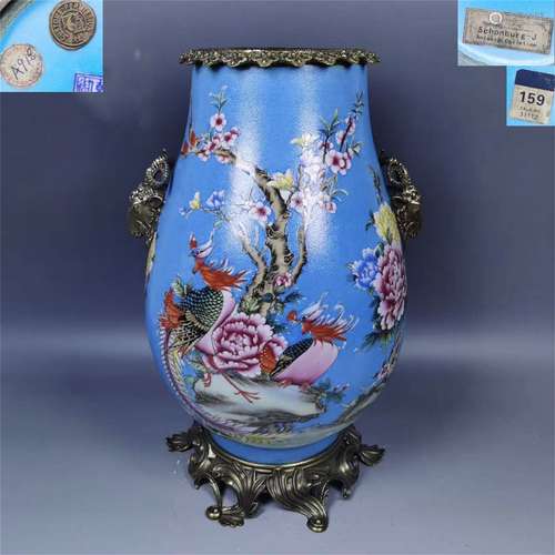 A Chinese Blue Ground Famille-Rose Porcelain Vase