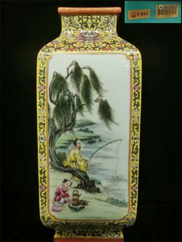 A Chinese Yellow Glazed Famille-Rose Porcelain Square Vase