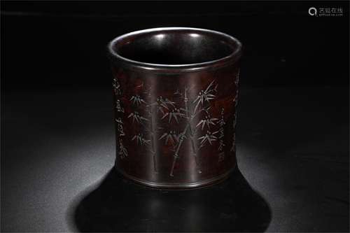 A Chinese Carved Hardwood Brush Pot