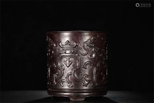 A Chinese Carved Hardwood Brush Pot