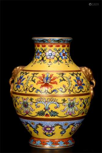 A Chinese Yellow Ground Famille-Rose Porcelain Vase