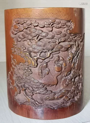 A BAMBOO CARVED PINE&FIGURE PATTERN BRUSH POT