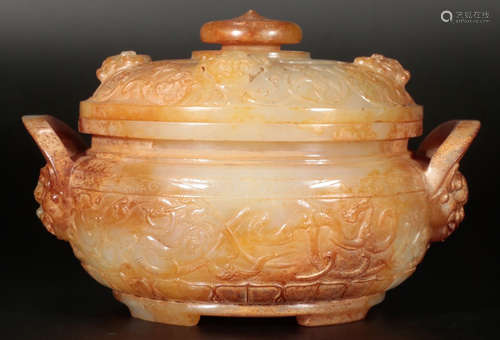 A HETIAN JADE CARVED CENSER WITH LID