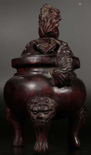 A ZITAN WOOD CENSER WITH BEAST SHAPED EAR