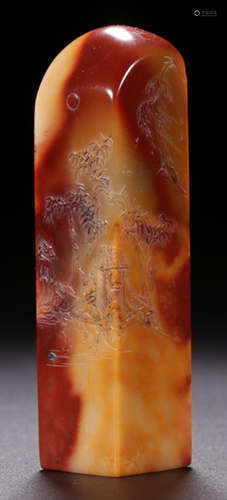 A SOAPSTONE CARVED LANDSCAPE PATTERN SEAL